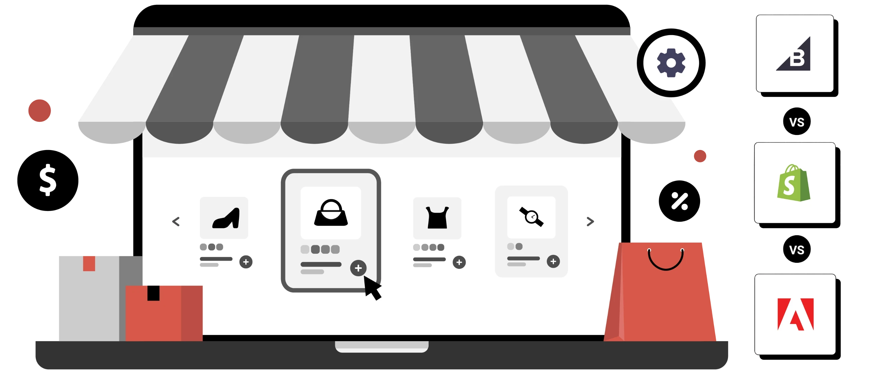 a shop with with shopify, big commerce, adobe commerce.